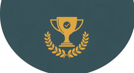 A stylized golden trophy with a checkmark sits within a laurel wreath, all centered on a dark green shield shape.の素材