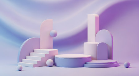 A surreal pastel stage with geometric pedestals, stairs, and arches, bathed in soft, ethereal light and a wavy background.の素材
