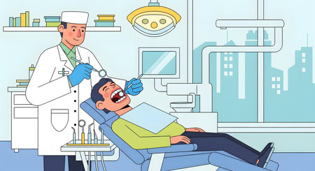 A cartoon dentist in a white coat examines a patient in a dental chair. The office is equipped with modern dental instruments and technology.の素材