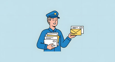 A cartoon-style illustration of a mail carrier in a blue uniform and hat, holding several letters and a small package.の素材