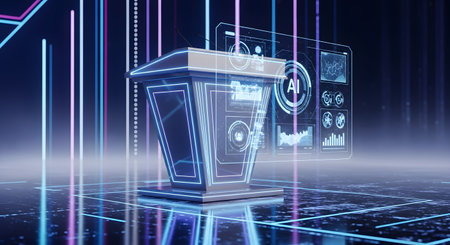 A sleek, illuminated podium stands on a digital grid, surrounded by vibrant neon light beams and interactive holographic screens.の素材