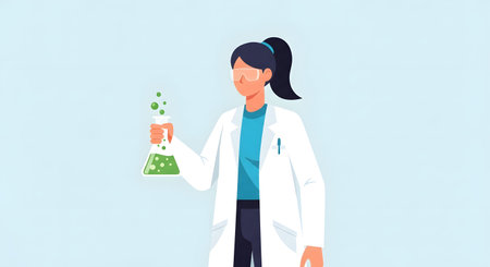 A female scientist wearing a white lab coat and holding a flask containing a green liquid with small particles.の素材