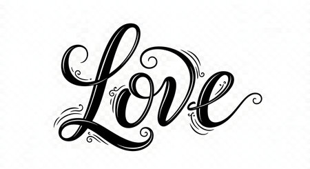 A beautiful, hand-drawn calligraphy of the word "Love" in a flowing, decorative script with artistic flourishes.の素材