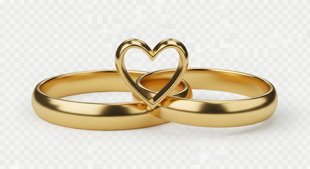A close-up studio shot of two polished gold wedding bands interlocked, with their top portions curving to create a heart symbol.の素材