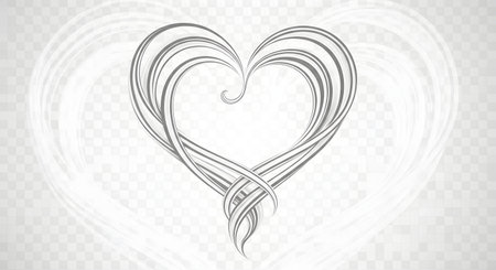 A stylized heart shape is created from numerous thin, flowing gray lines that create a sense of movement and texture against a white backdrop.の素材