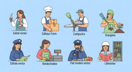 A collection of eight cartoon characters representing various professions, including a doctor, baker, chef, florist, mail carrier, cashier, police officer, and librarian.の素材