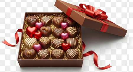 A beautiful assortment of gourmet chocolates with various shapes and toppings, presented in an open gift box with a red ribbon.の素材