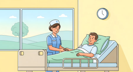 A nurse in uniform stands by a patient's bedside in a hospital room. A large window shows an outdoor landscape.の素材