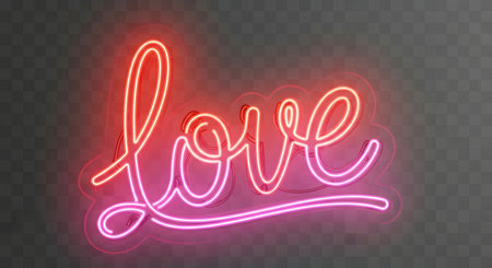 A vibrant neon sign glows with the word 'love' written in a cursive script, transitioning from pink to red.の素材