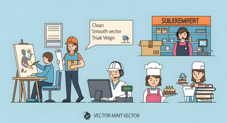 A collection of cartoon illustrations depicting people in different professions, including art, construction, office work, and baking, set against a light blue background.の素材