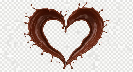A dynamic splash of rich, dark chocolate forms a perfect heart shape with droplets flying outwards.の素材