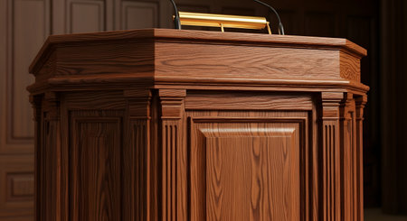 A detailed view of a polished wooden lectern featuring ornate carvings and an attached reading lamp, suggesting a formal setting.の素材