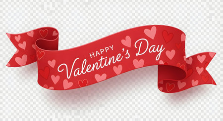 A festive red ribbon with a repeating pattern of small pink hearts and the text Happy Valentine's Day.の素材