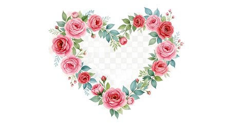 A beautiful heart-shaped wreath created from lush pink roses and vibrant green foliage, perfect for romantic occasions.の素材