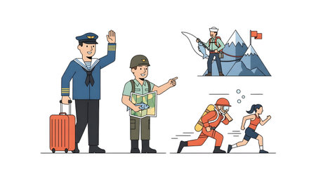 A collection of cartoon illustrations depicting a pilot, a hiker, mountaineers, and emergency responders in action.の素材