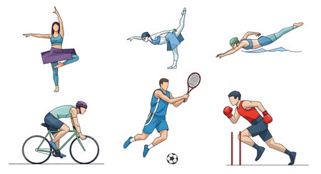 A collection of six distinct athletes captured mid-action, showcasing a variety of sports and movements with a watercolor-like artistic style.の素材