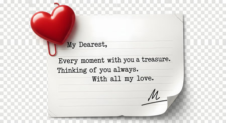 A handwritten love letter is attached to a transparent background with a red heart-shaped paperclip. The message expresses deep affection and love.の素材