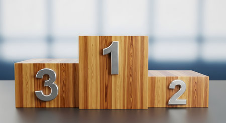 A close-up shot of a wooden podium with metallic numbers indicating first, second, and third place.の素材