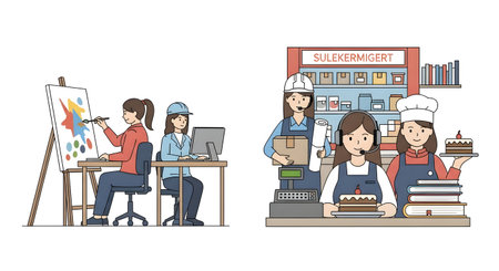 Two scenes depict women engaged in artistic creation and bakery work, showcasing diverse professional pursuits.の素材