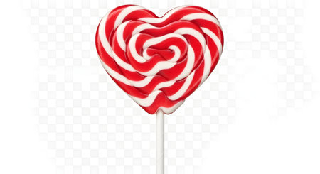 A single, large heart-shaped lollipop with red and white swirls on a white stick against a transparent background.の素材