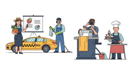 A collection of diverse individuals representing different professions including a businesswoman, mechanic, and chef, all engaged in their work.の素材