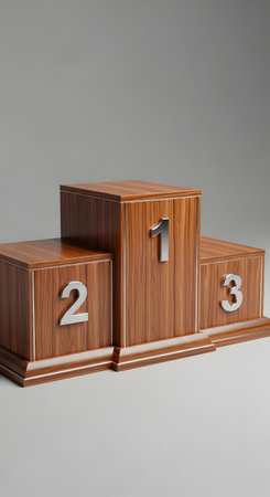 A three-tiered wooden podium displays numbers one two and three for athletic awards and recognition.の素材
