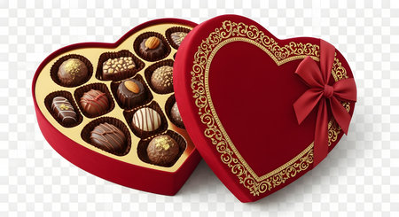 An open heart-shaped box reveals a selection of gourmet chocolates, adorned with a decorative red ribbon and gold trim.の素材