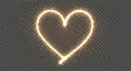 A luminous golden heart shape formed by shimmering sparkles and light trails against a dark, transparent background.の素材