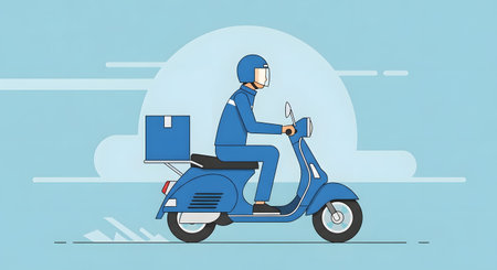 A flat illustration of a person in blue uniform riding a blue scooter with a package on the back, moving quickly.の素材