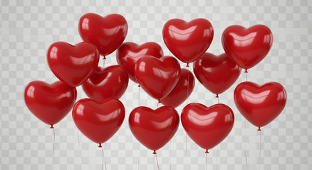 A collection of shiny red heart-shaped balloons are clustered together, appearing to float against a transparent background.の素材