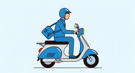 A stylized illustration of a person in a blue suit and helmet riding a blue and white scooter, carrying a blue messenger bag.の素材