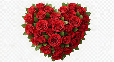 A lush heart shape formed by numerous deep red roses and green leaves, presented against a transparent background.の素材