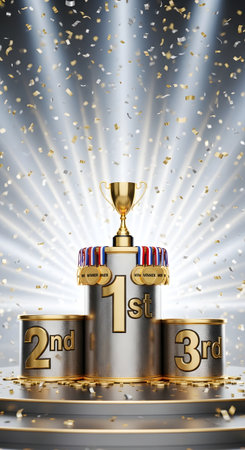 A golden trophy sits atop a tiered winner's podium. Spotlight beams and confetti create a celebratory atmosphere for champions.の素材