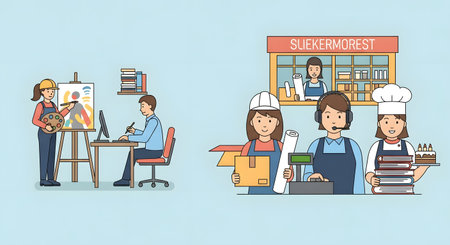 This illustration depicts individuals engaged in different professions, including art, technology, and retail, showcasing diverse career paths.の素材