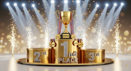 A golden trophy sits atop a tiered podium surrounded by fireworks and dramatic stage lighting, signifying victory and celebration.の素材