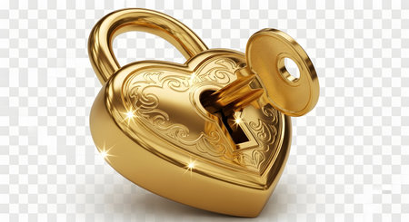 A shiny golden heart-shaped padlock with an ornate key inserted into its lock, representing love, commitment, and security.の素材