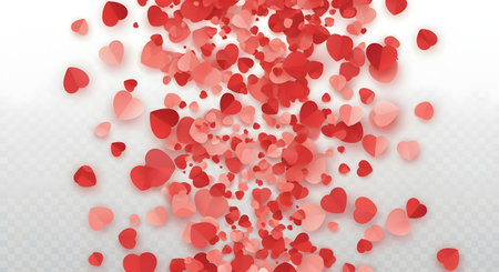 A vibrant cascade of red and pink heart-shaped petals falling against a white background, creating a romantic and celebratory atmosphere.の素材