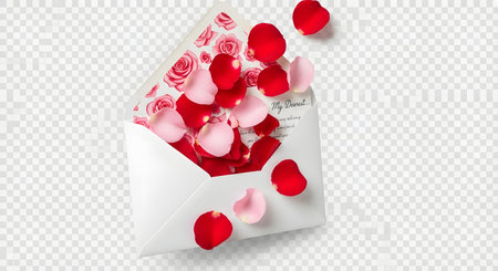 A white envelope spills out with a cascade of vibrant red and soft pink rose petals, some floating away.の素材