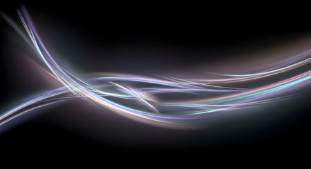 Elegant, flowing lines of light in blue and purple hues create a dynamic, ethereal abstract pattern against a deep black backdrop.の素材