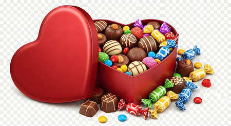 A vibrant heart-shaped box spills open, revealing a delightful assortment of chocolates and colorful candies scattered around.の素材