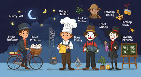 A charming, cartoonish nighttime scene featuring street performers, a chef, and a vendor, set against a starry sky with a crescent moon.の素材