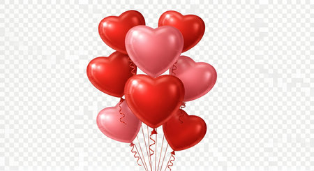A vibrant bouquet of red and pink heart shaped balloons, elegantly tied together with white ribbons, floats against a transparent background.の素材