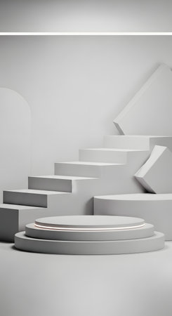 A clean, abstract composition of white geometric shapes forming tiered platforms and ascending steps, creating a sense of modern architecture.の素材