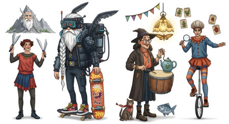 A collection of fantastical characters, including a rabbit-like figure and a unicyclist, alongside carnival decorations, all presented on a plain white backdrop.の素材