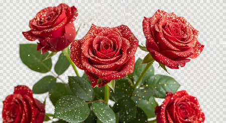 A bouquet of five vibrant red roses, each adorned with glistening water droplets, is presented on a transparent background.の素材