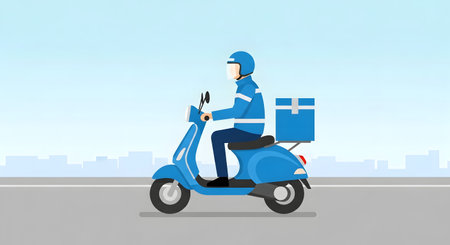 A person in a blue uniform and helmet rides a blue scooter with a large blue insulated box on the back, delivering goods.の素材