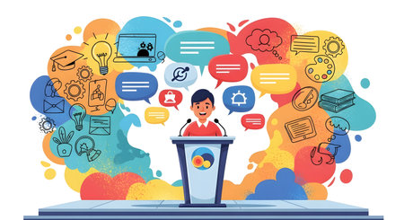 A person stands at a podium, speaking, surrounded by a vibrant explosion of colorful speech bubbles filled with icons and drawings representing ideas.の素材
