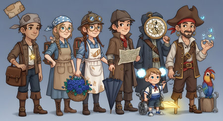 A diverse group of steampunk characters, including a child and a parrot, stand together in a stylized illustration.の素材
