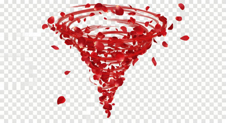 A dynamic vortex of red rose petals forms a swirling tornado shape against a transparent background.の素材