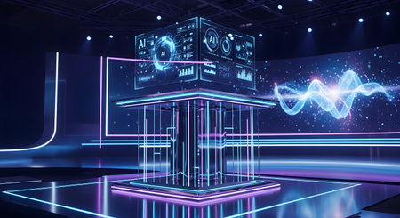 A glowing, multi-faceted cube rests on a pedestal, illuminated by vibrant neon lights. A dynamic abstract wave pattern plays on a large screen behind it.の素材